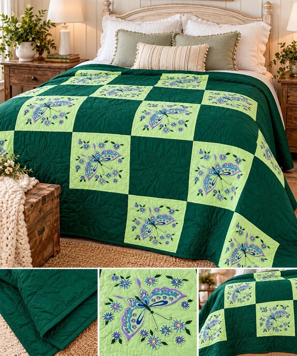 Handmade Butterfly Quilt Green Purple Floral Embroidered 73x99 Twin Full